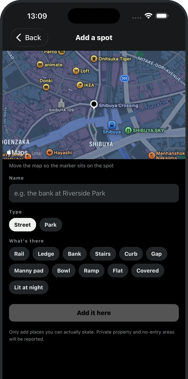 Adding a spot by placing a pin on the map
